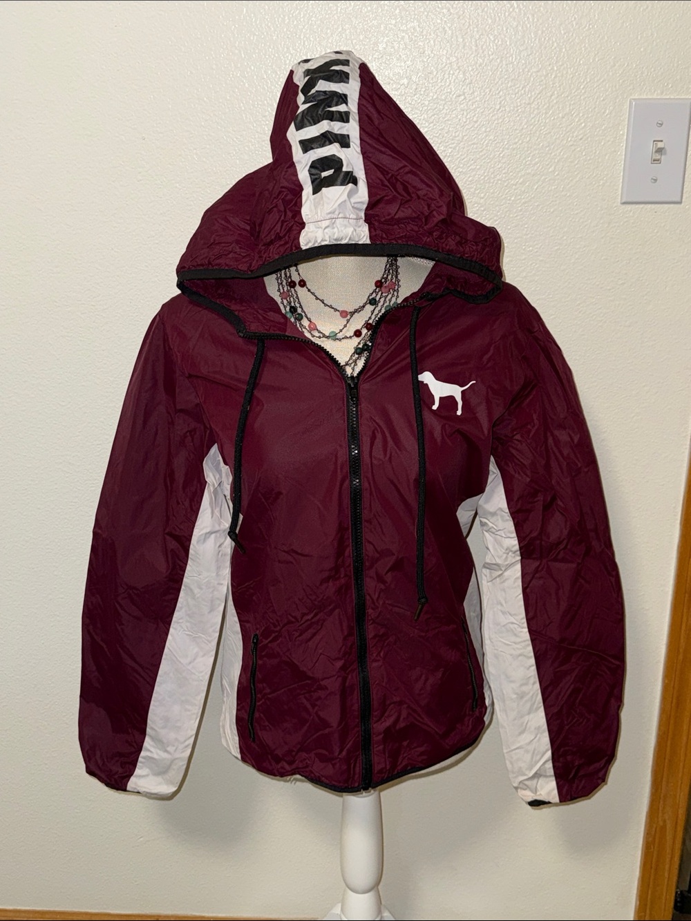 PINK Victoria's Secret Maroon and White Hooded Windbreaker Jacket size XS/S